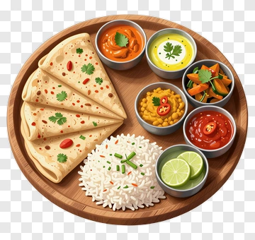 Plate Of Indian Cuisine With Rice And Roti PNG