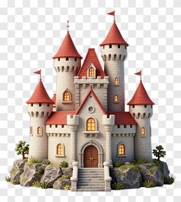 3D Fantasy Castle With Red Roofs And Stone Walls PNG