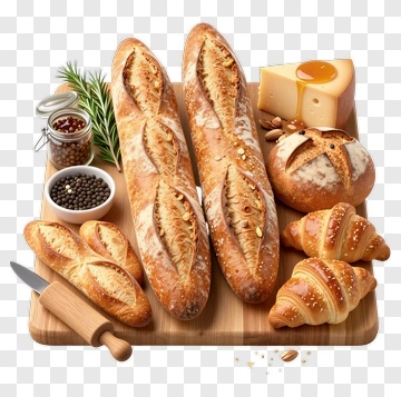 Fresh Bread And Cheese On A Wooden Cutting Board PNG