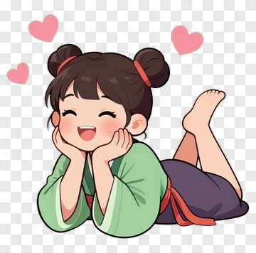 Happy Cartoon Girl Lying With Hearts PNG