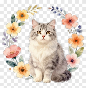Watercolor Cat Surrounded By Flowers PNG