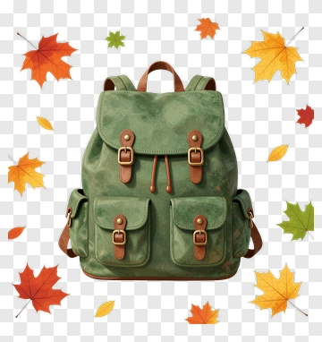 Green Backpack Surrounded By Autumn Leaves PNG