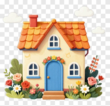 Colorful House With Flowers And Clouds PNG