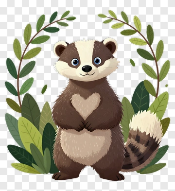 Cartoon Badger Standing Among Leaves PNG