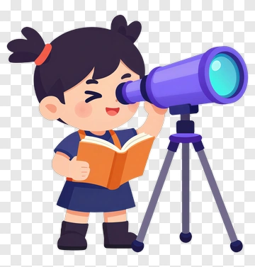 Cartoon Girl Using A Telescope While Reading A Book PNG