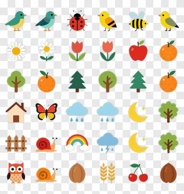 Colorful Spring Icons With Birds, Flowers, And Trees PNG