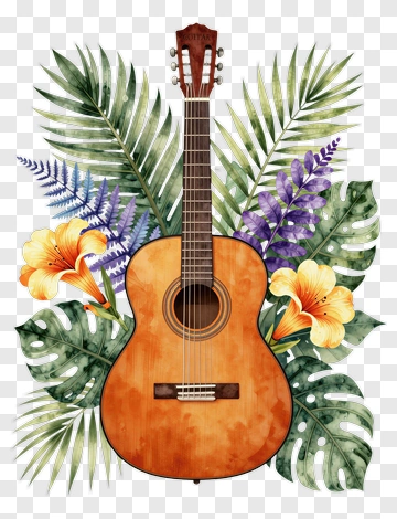 Guitar Surrounded By Tropical Leaves And Flowers PNG