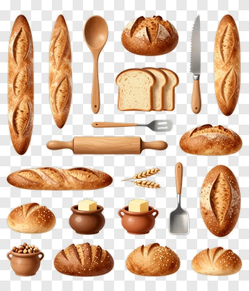 Variety Of Breads And Baking Tools PNG