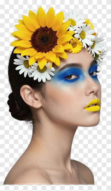 Woman With Floral Headpiece And Colorful Makeup PNG