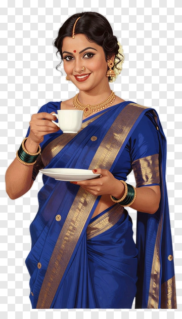 Woman In Blue Saree Holding A Cup Of Tea PNG