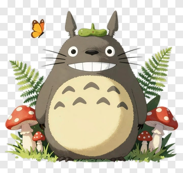 Cartoon Totoro Surrounded By Mushrooms And Ferns PNG