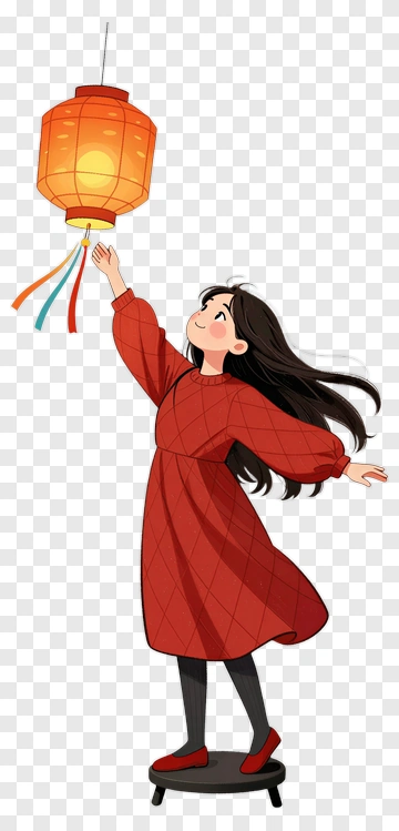 Girl Holding A Lantern In A Red Dress PNG
