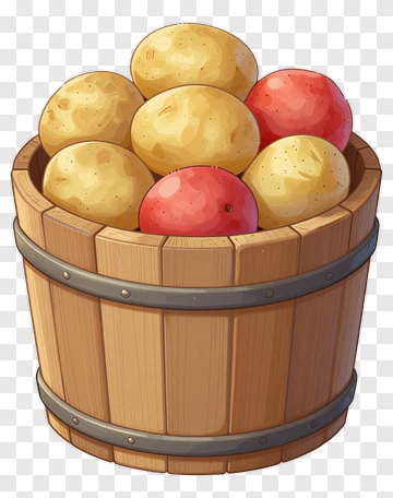 Wooden Bucket Filled With Potatoes And Red Apples PNG