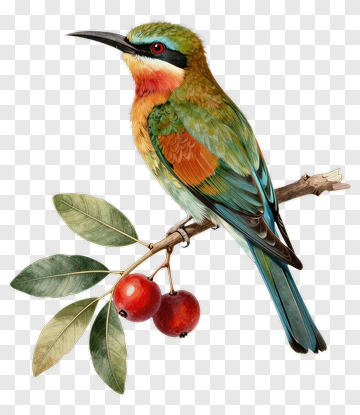 Colorful Bird Perched On A Branch With Berries PNG
