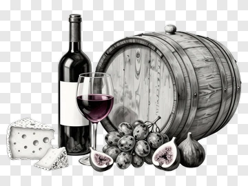 Wine Bottle And Glass With Cheese And Grapes PNG