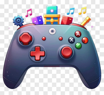 Colorful Game Controller With Music And Game Elements PNG