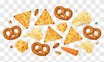 Assorted Snack Foods Including Pretzels And Chips PNG