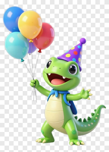 Cartoon Dinosaur Holding Colorful Balloons PNG