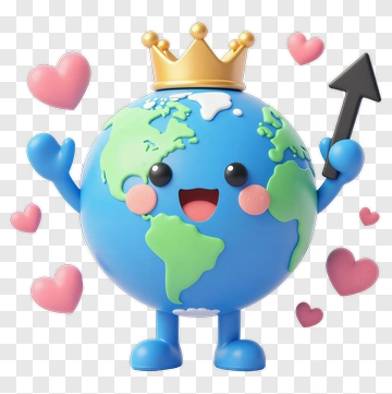 Cartoon Earth Character With Crown And Hearts PNG
