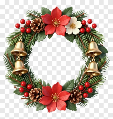 Christmas Wreath With Bells And Flowers PNG
