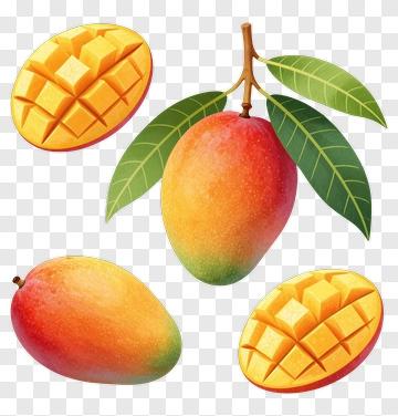 Mango With Leaves And Cut Sections PNG
