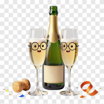 Champagne Bottle With Happy Glasses And Party Decorations PNG