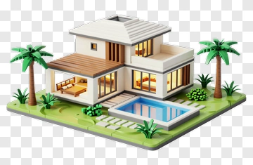 3D House With Pool And Palm Trees PNG