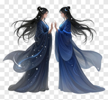 Elegant Twin Women In Flowing Blue Dresses PNG
