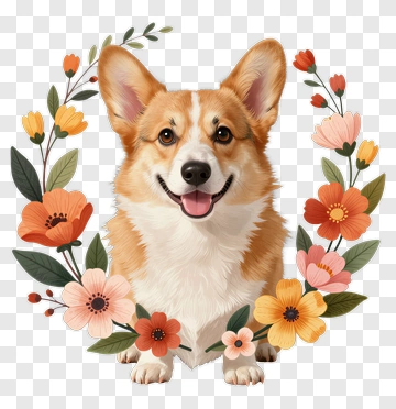 Corgi Surrounded By Colorful Flowers PNG