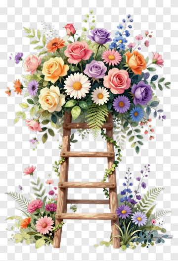 Flower Bouquet On A Wooden Ladder PNG