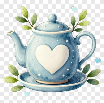 Blue Teapot With Heart Design And Leaves PNG