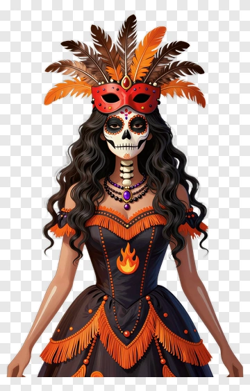Colorful Sugar Skull Woman In Traditional Dress PNG