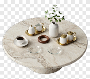 Elegant Coffee Table Setting With White Ceramics PNG