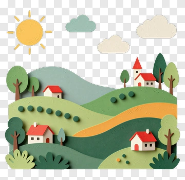 Colorful Paper Cut Landscape With Houses And Trees PNG