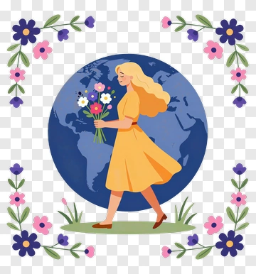 Woman Walking With Flowers Around The Globe PNG