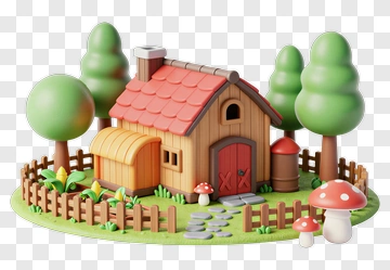 3D House Surrounded By Trees And Mushrooms PNG