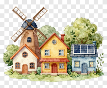Colorful Houses With Windmill And Trees PNG