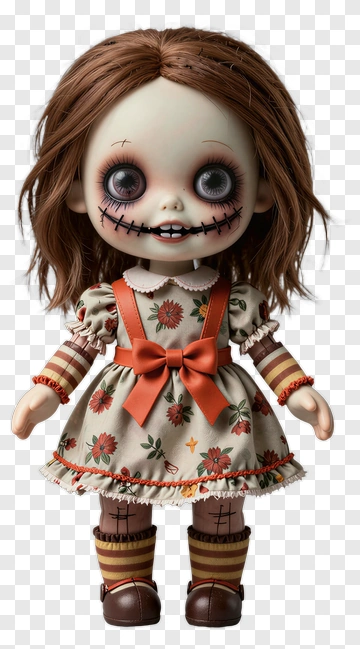 Creepy Doll With Floral Dress And Stitched Mouth PNG