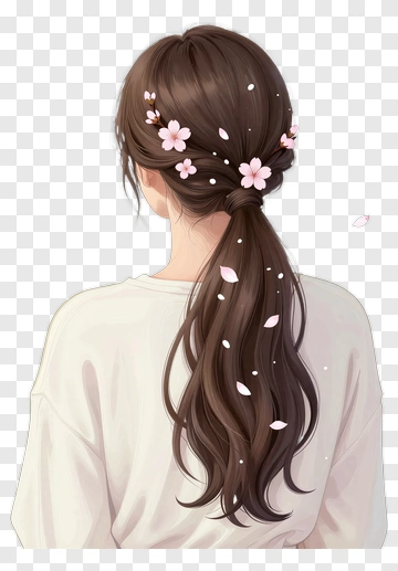 Girl With Long Hair And Flower Accents PNG