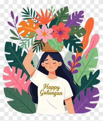 Girl Holding A Floral Arrangement With Happy Galungan Text PNG
