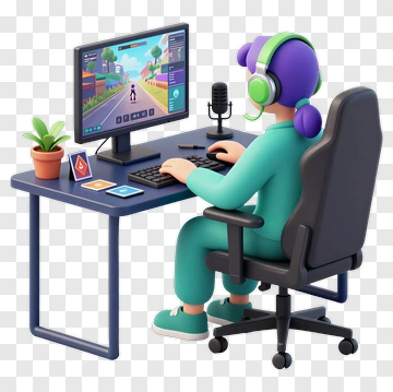 3D Gamer Using A Computer With Headset PNG