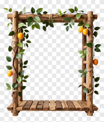 Wooden Frame With Green Leaves And Oranges PNG