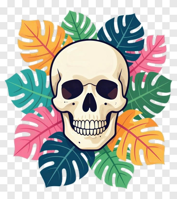 Cartoon Skull Surrounded By Colorful Leaves PNG