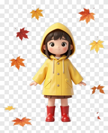 Cartoon Girl In Yellow Raincoat With Autumn Leaves PNG