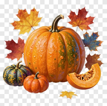 Colorful Pumpkin And Autumn Leaves PNG