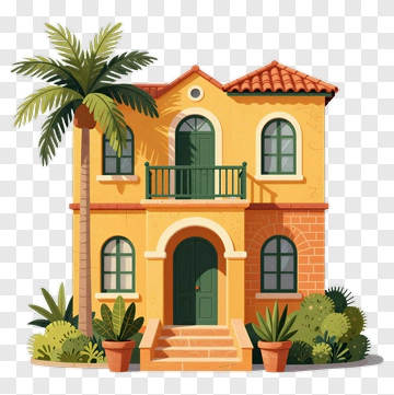 Colorful House With Palm Trees And Plants PNG
