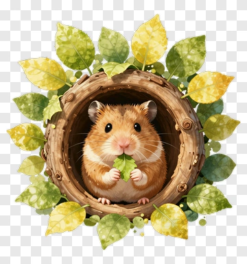 Hamster Holding A Leaf In A Wooden Nest PNG