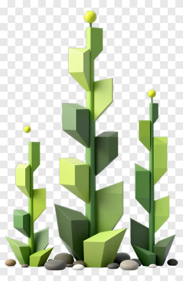 Stylized Green Plants With Geometric Shapes PNG
