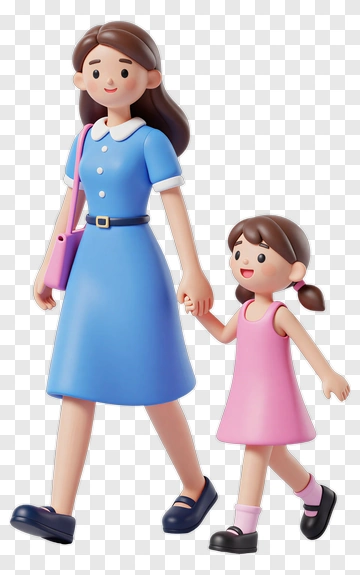 Cartoon Mother And Daughter Walking Together PNG