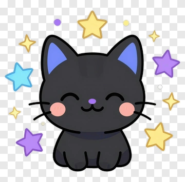 Cartoon Black Cat With Colorful Stars PNG